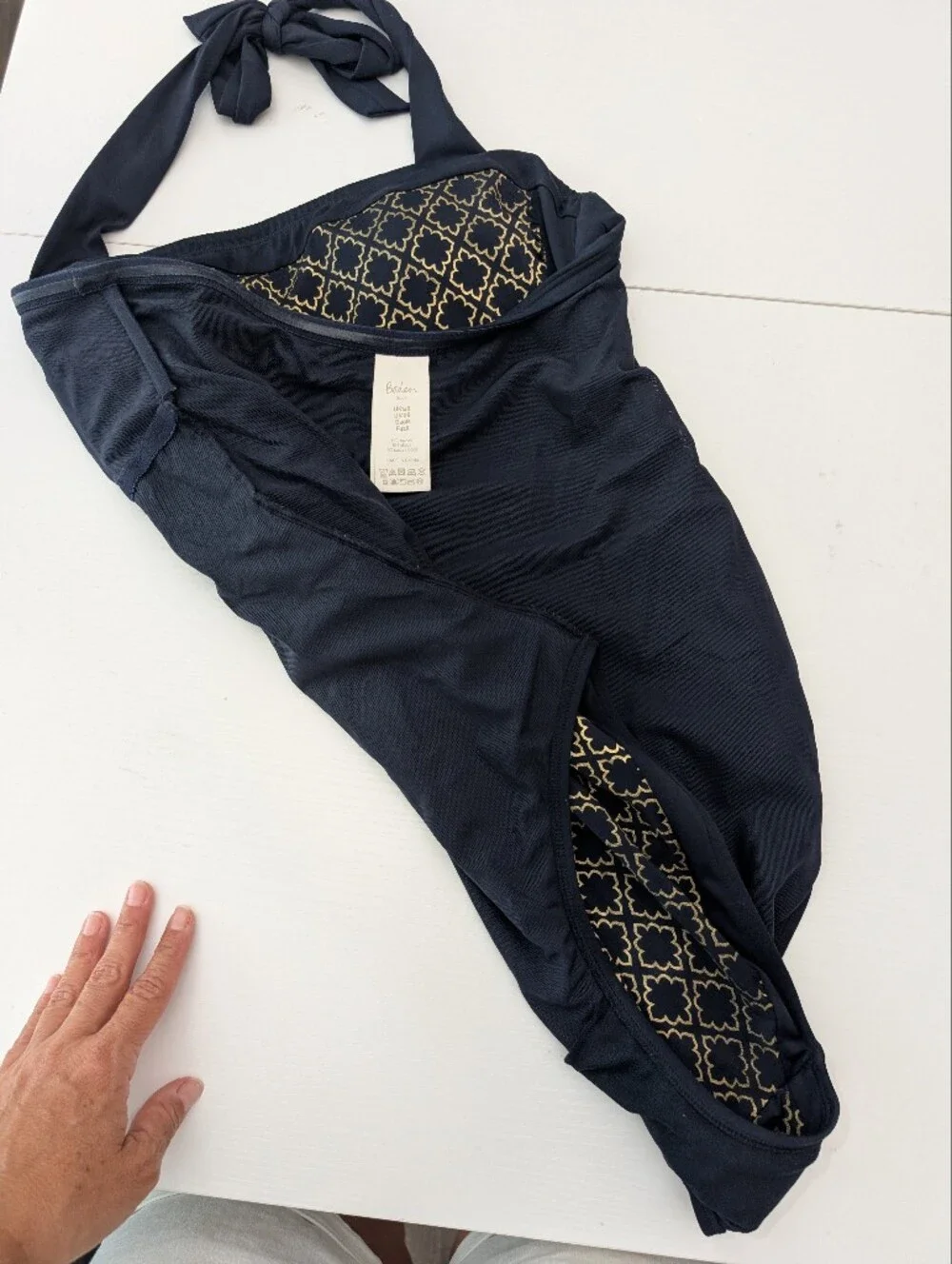 Boden Santorini Halterneck Swimsuit Size 10R One Piece Navy Golden Geo Pattern